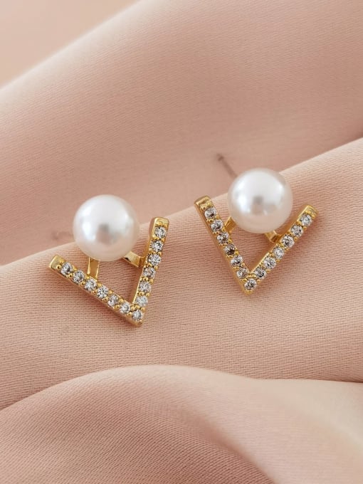 14k Gold [imitation pearl] Brass Cubic Zirconia Geometric Minimalist Stud Earring